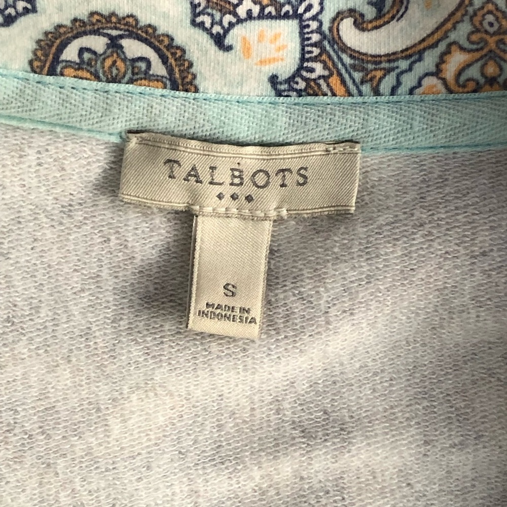 Talbots Paisley Top Baby Blue Cream and Brown Womens Small Boho Print Zip Collar - Picture 3 of 7